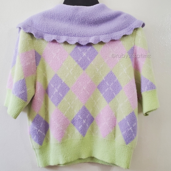 ZARA Pastel Argyle Polo Short Sleeve Sweater,Rhinestone Buttons,Wide Collar, NWT - Picture 3 of 9